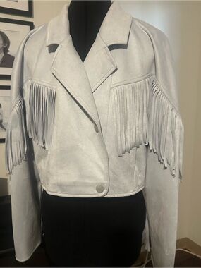 ANTHROPOLOGIE Pilcro Powder Blue Cropped Fringe Vegan Moto Jacket NWT